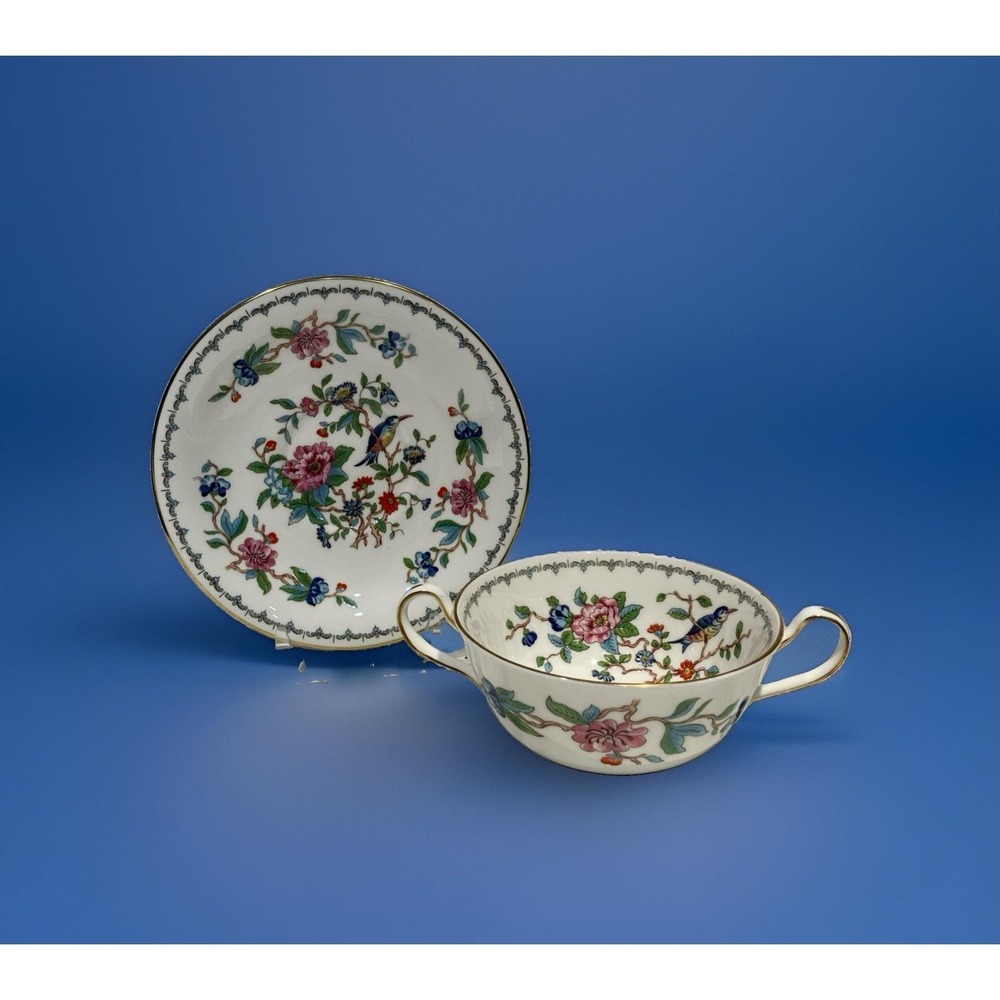 Aynsley Pembroke Soup Bowl & Saucer Set Floral Bird Vintage Decor England
